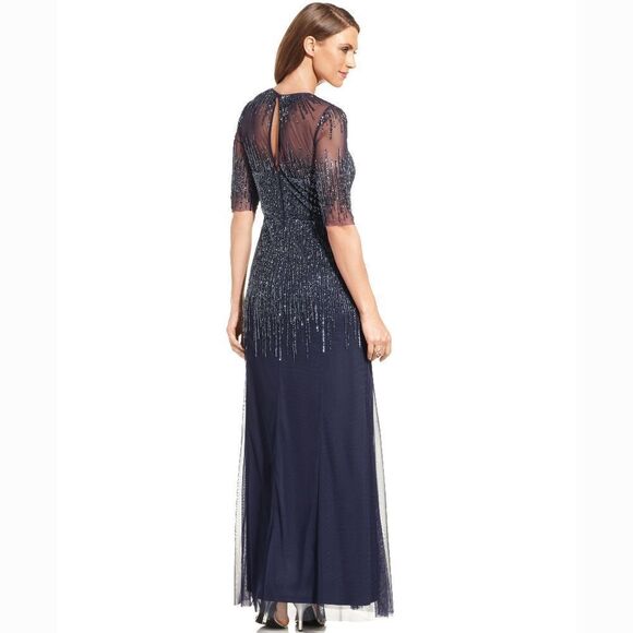 New! ADRIANNA PAPELL Women's Sequined Beaded Mesh Gown Dress Navy Blue Size 6 - Picture 5 of 7